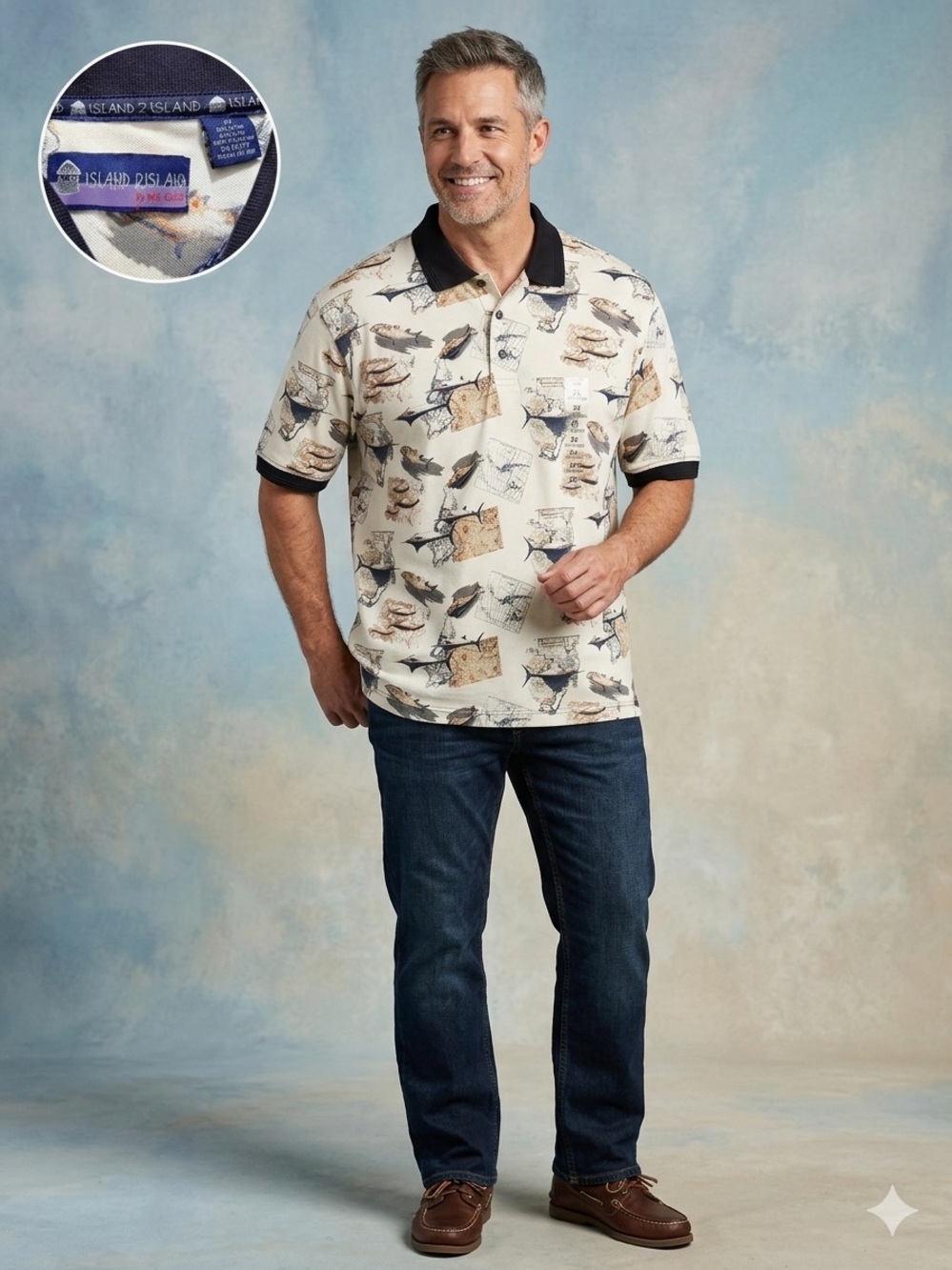 NWT Vintage Island 2 Island by W.R. Gass Men's 2X Polo Shirt Nautical Fish & Map
